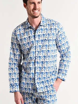 Roller Rabbit XL PJ Monkey Button Up Long Sleeve Shirt Blue Cotton Lounge White thumbnail 1