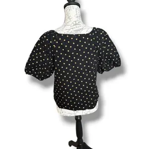Madewell Corduroy Puff Sleeve Black Brown Polka Dot Faux Wrap V-Neck Top Medium thumbnail 4