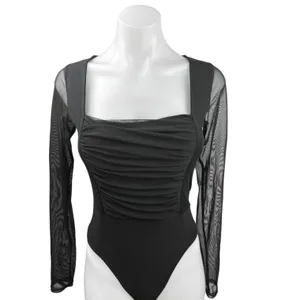 Nasty Gal Black Mesh Long Sleeve Ruched Square Neck Thong Bodysuit Top Size 4 thumbnail 6