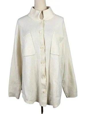 Aerie Button Front Cardigan Womens Small Mock Neck Pocket Knit Cream Oversized thumbnail 1