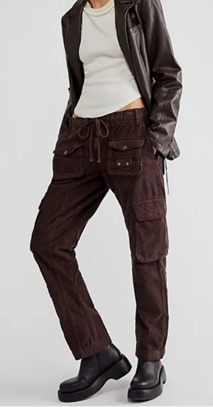Free People Tahiti Cargo Corduroy Pants Size small Brown Drawstring thumbnail 1