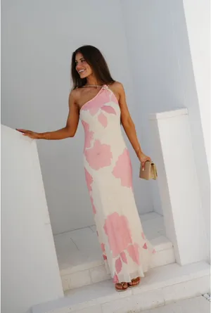 These Three Boutique One Shoulder Pink/Cream Maxi Dress Small thumbnail 5