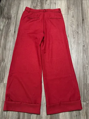 SHEINBAE is Red High-Rise Wide Leg Pants with Cuffed Hem thumbnail 9