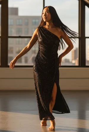 Grace Karin Black Sequin One Shoulder Maxi Dress Ruched Formal Gown Size L thumbnail 1