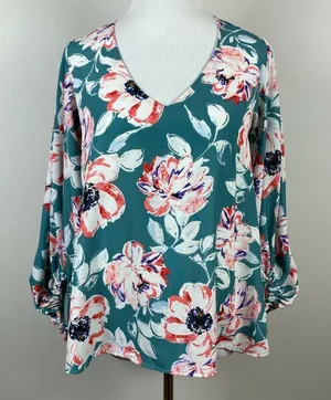 Vici Blouse Top S Green‎ Floral Balloon Sleeve V-Neck High Low Feminine thumbnail 1