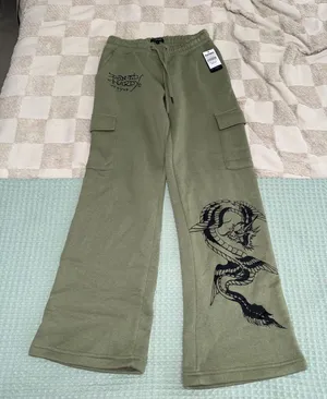 Ed Hardy Women Dragon Dagger Fleece Cargo Pants Small EHW8203-6 Olive Green thumbnail 1
