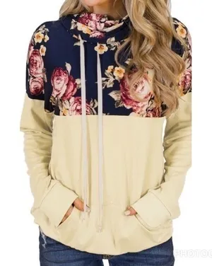 Boutique yellow Floral butter yellow navy kangaroo pouch sweatshirt‎ Large thumbnail 1