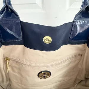TORY BURCH Leather-Trimmed Navy Ella Tote bag Women’s Size L thumbnail 10