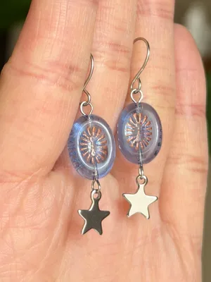 Handmade retro vintage cute whimsical style quality Czech glass beads unique dangle earrings🩵 thumbnail 3