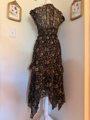 Ulla Johnson Black Floral Asymmetrical Midi Dress 100% Silk thumbnail 4