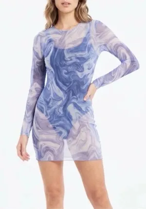 Naked Wardrobe Blue Marble Sheer Mesh Swim Cover-Up Dress Medium NWT thumbnail 1