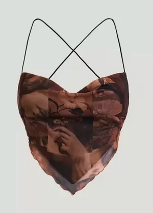 SHEIN Brown Art Print Asymmetric Cowl Crop Top thumbnail 1