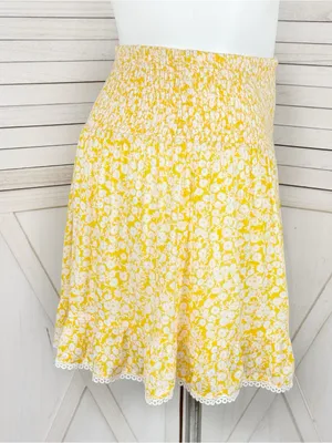Lost + Wanderer Floral Lace Hem Smocked Waist Mini Skirt Yellow White XL Cottage thumbnail 3