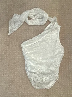 Boutique White Lace One-Shoulder Scarf Top (NWT) thumbnail 1
