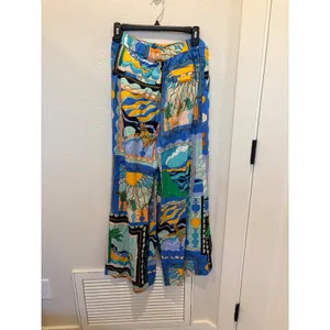 Maeve Anthropologie Sunshine Wide-Leg Pants Blue Tropical Scarf Print Size 4 thumbnail 7