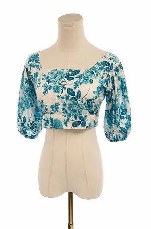 Band of the Free Blue Floral Cropped Smocked Back Puff Sleeve Top Size Small thumbnail 1