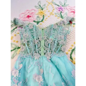 Morrell Maxie Size 4 Aqua White Floral Lace Off‎ Shoulder Formal Gown thumbnail 15