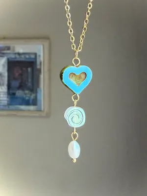 Handmade Czech glass beads & freshwater pearl gold tone stainless necklace🍃🌀🩵 thumbnail 2