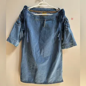 NEW Anthropologie Maeve Denim‎ Mini Shift Dress w/ Lace Up Shoulders Women’s S thumbnail 5