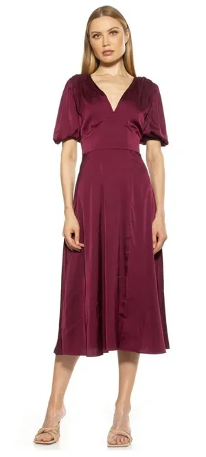 Alexa Admor Plum Burgundy Satin V-Neck Puff Sleeve Midi Dress Size 6 thumbnail 1