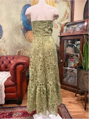 Glam Sage Green Lace Corset Maxi Dress Strapless Cutout Crochet Floral XL Summer thumbnail 5
