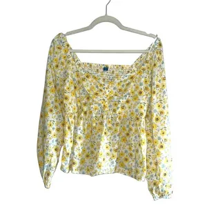 Old Navy Floral Peplum Blouse M Yellow Ditsy Cottagecore Puff Sleeve thumbnail 3