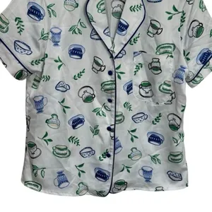 Kate Spade Blue Green Novelty Coffee Print Satin Pajama‎ Top Cozy Feminine XS thumbnail 4