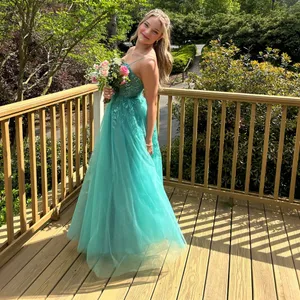 Flowy princess bustier blue green aqua prom dress thumbnail 2