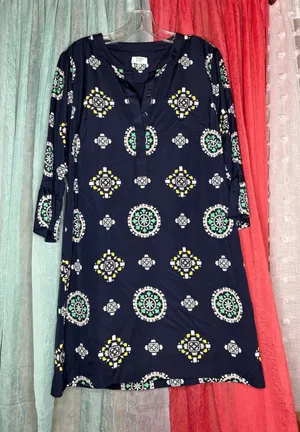crown & ivy Navy Dress with Green, Yellow & White Medallion Print thumbnail 1