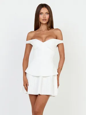 SHOWPO Izara Off The Shoulder Pleated Mini Dress In White thumbnail 3