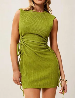 Essnce Drawstring Side Solid Tank Dress Green Size L thumbnail 1