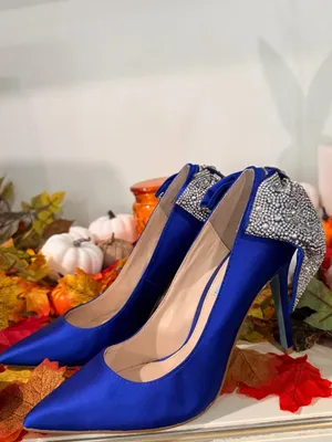 Betsey Johnson Royal Blue Satin Pointed Toe Heels with Crystal Bow thumbnail 2