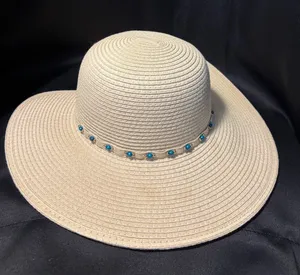 Woven Paper Straw Sun Hat Turquoise Bead Accent Split‎ Back Wide Brim Tan OSFM thumbnail 1