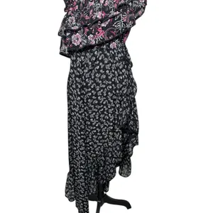 MISA Los Angeles One‎ Shoulder Floral Maxi Dress Black Pink Ruffle Medium USA thumbnail 2