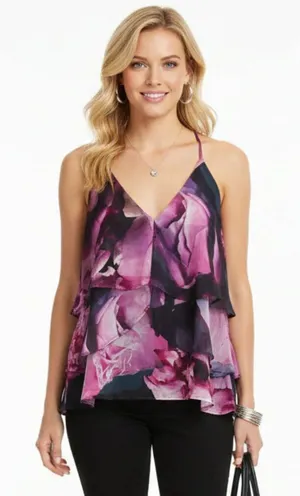 Express Black & Pink Floral Sleeveless Drape Racerback Blouse Top NEW L thumbnail 1