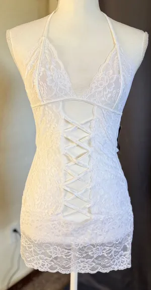 Frederick's of Hollywood Seduction Lace Halter Chemise Women Medium White NWT thumbnail 1