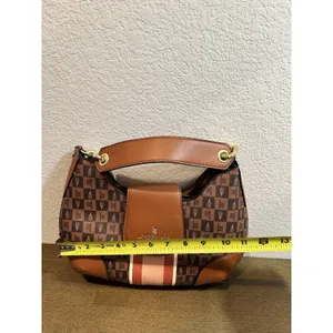 London Fog Collection Brown Monogram Stripe Hobo Shoulder Bag Gold Chain New thumbnail 3