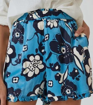 Maeve ruffled flowy blue & black floral silky luxe S shorts thumbnail 1
