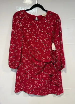 Red Floral Tie-Waist Entro Dahlia Gathered Waist Women's Dress NWT thumbnail 1