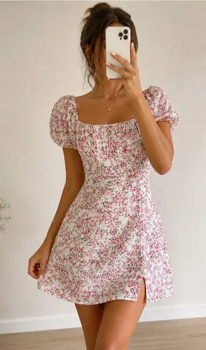 SheIn Pink Floral Puff Sleeve Mini Dress thumbnail 1