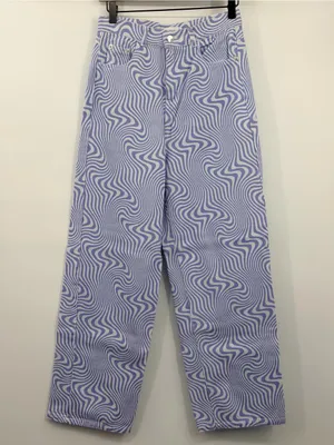 SHEKOU Psychedelic Swirl Wide Leg Jeans Medium‎ Purple Blue Y2K Satin thumbnail 2
