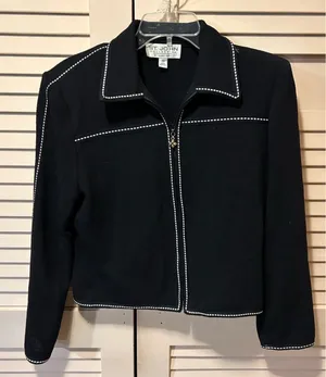 St John Collection Black Pique Knit, Dashed White Trim Zip Front Blazer Jacket thumbnail 1