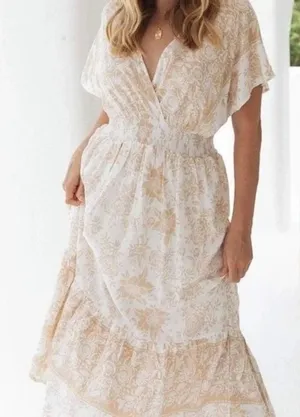 Petal + Pup Floral Button Front‎ Midi Dress Tan White Boho Flutter Sleeve Size 8 thumbnail 1