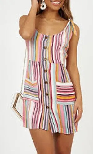Showpo. Aussi Striped Button Down Tie Strap Summer Beach Lined Dress thumbnail 1