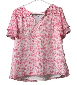 Skies Are Blue White and Pink Floral Print Smocked Flutter Sleeve Blouse Medium‎ thumbnail 1