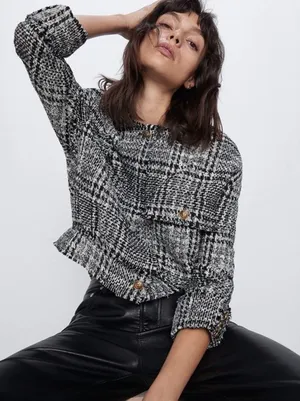 Zara Women's Black White Plaid Tweed Long Sleeve Crew Neck Coat Jacket Top S thumbnail 1