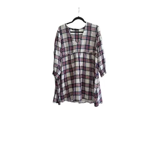Zara White Red Blue Plaid V/Neck Fit& Flare Pleat Tunic Midi Dress Sz L thumbnail 3