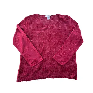 Rafael Textured Crinkle Velvet Floral Top XL Deep Red‎ Long Sleeve Blouse thumbnail 14
