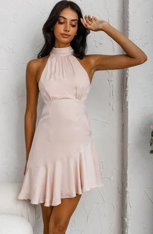 One and Only Collective Pink Satin Halter Mini Dress Ruffle Hem Open Back Size L thumbnail 1