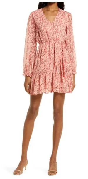 Chelsea 28 Pink White Floral Faux Wrap Long Sleeve Feminine Chiffon Dress Medium thumbnail 1